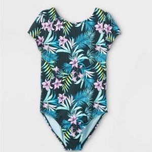 Girls' Tropical Print Open-Back Short Sleeve One Piece Swimsuit - art class™